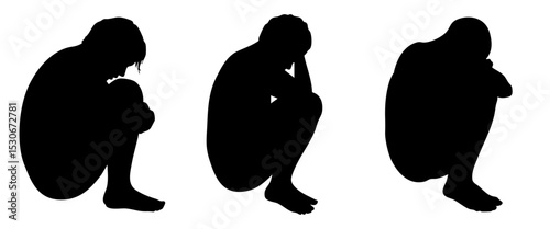 Vector art of three isolated black silhouettes on white background depict figures huddled in postures of profound sorrow and despair