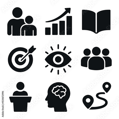 Leadership Essentials Icons. Solid, filled icons set of leadership essentials: mentor icon, growth chart, open
