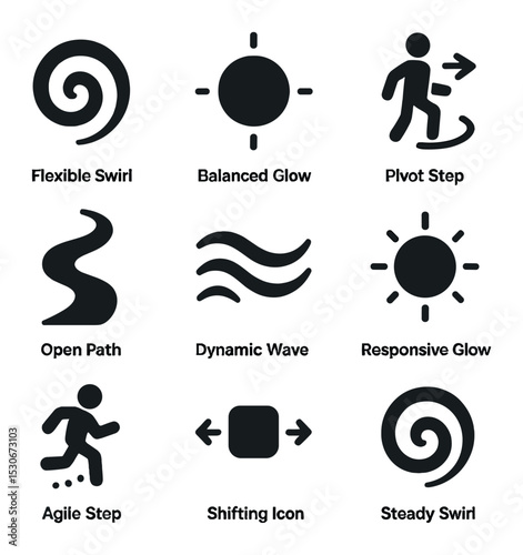 Adaptive Leadership Icons. Solid, filled icons set of adaptive leadership styles: flexible swirl, balanced