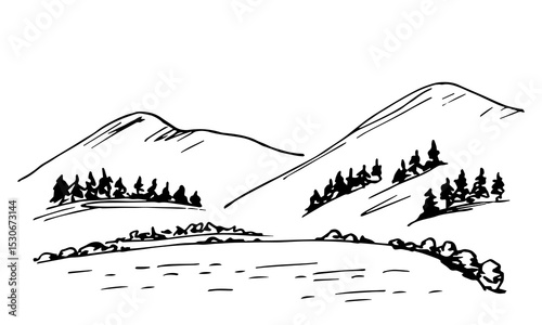 Mountain landscape, northern nature, lake, coniferous trees. Hand drawn vector drawing with black outline. Sketch in ink.