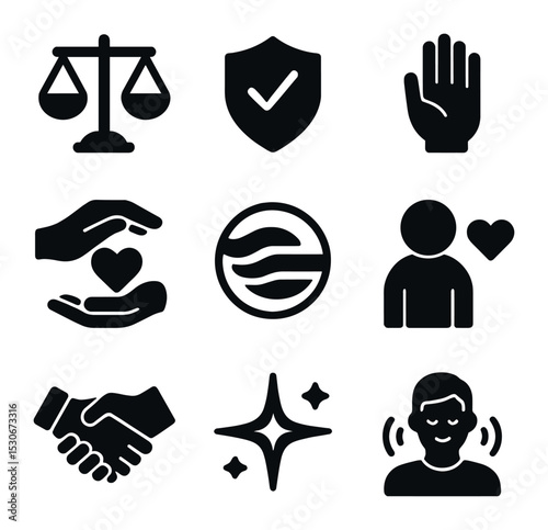 Ethical Leadership Icons. Solid, filled icons set of ethical and responsible leadership: fair scale, trust