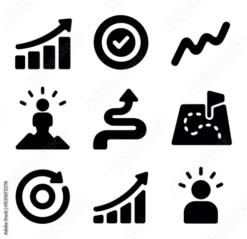 Icons of Leadership Success. Solid, filled icons set of measuring leadership success: success chart, goal