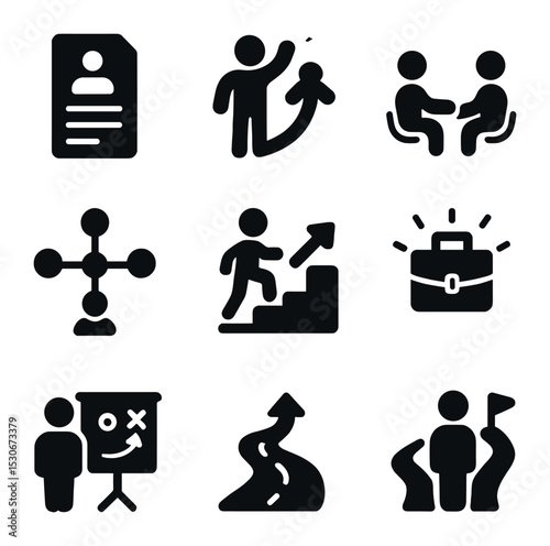 Career Workshop Icons. Solid, filled icons set of career development workshops: resume swirl, skill boost,