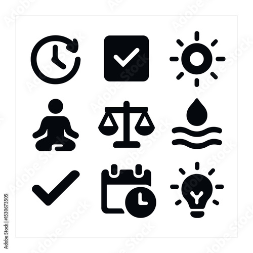 Time Management Icons. Solid, filled icons set of time management and productivity: clock swirl, task check,
