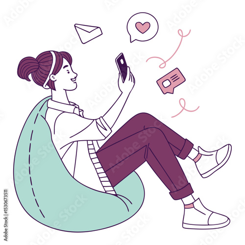 Happy young woman relaxing in beanbag chair using smartphone