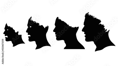 Vector art of a sequence of four vector silhouettes, depicting a mans head progressively transforming, isolated on white background