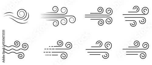 Wind blow icon set. Contains sign of storm, tornado, and breeze. Wind air movement for weather and forecast symbol. Wind icon set in thin line style. Vector illustration. 