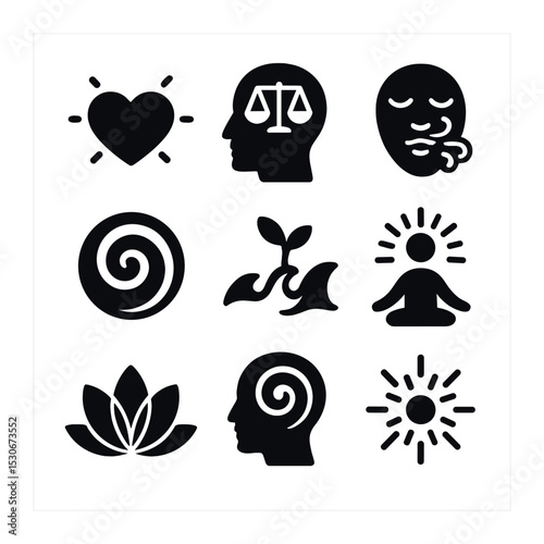 Wellness Icons Grid. Solid, filled icons set of personal development and wellness: heart glow, balanced mind,