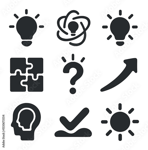 Creative Problem Icons. Solid, filled icons set of creative problem solving: lightbulb spark, idea swirl,