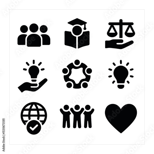 Diversity and Inclusion Icons. Solid, filled icons set of diversity and inclusion in learning: diverse group,