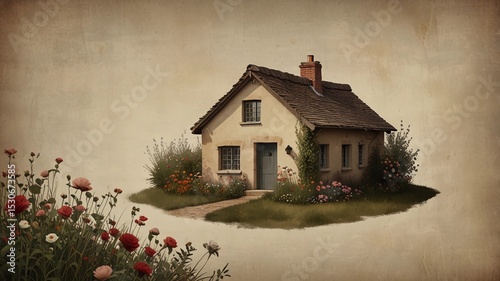 Charming cottage with flower garden and rustic roof in a dreamy illustration