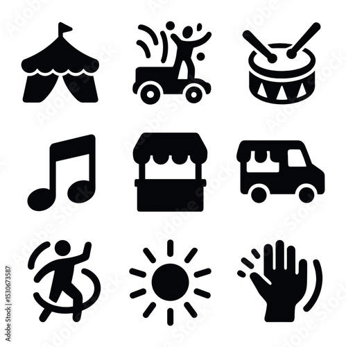 Community Festival Icons. Solid, filled icons set of community festival highlights: festival tent, parade