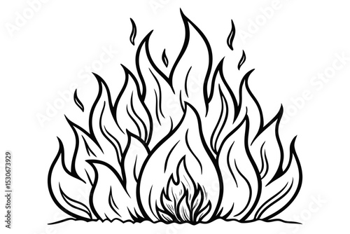 Continuous line drawing of a burning fire flame isolated on transparent background