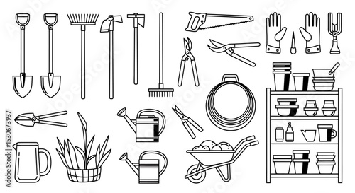 Detailed Line Art Collection of Gardening Tools and Accessories for Outdoor Tasks.