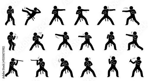 Dynamic Stick Figure Martial Arts Poses Demonstrating Various Combat Techniques