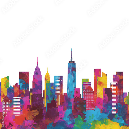 Vibrant Cityscape: Colorful Watercolor Skyline Illustration