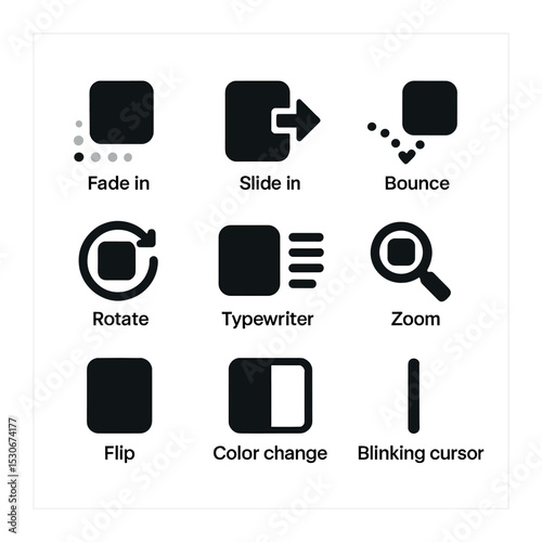 Text Animation Icons. Solid, filled icons set of text animation techniques: fade in, slide in, bounce, rotate,