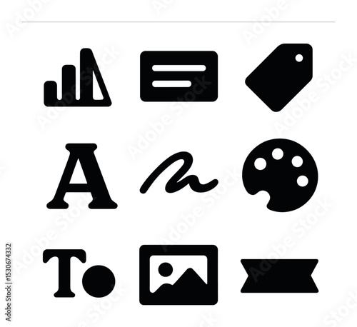 Typographic Branding Icons. Solid, filled icons set of typographic branding elements: logo type, wordmark,