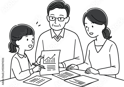 Daughter Sharing Startup Ideas with Her Parents in Minimal Vector Style.eps