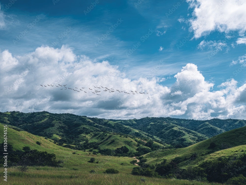 Fototapeta premium A flock of birds flies in formation over rolling green hills under a partly cloudy blue sky