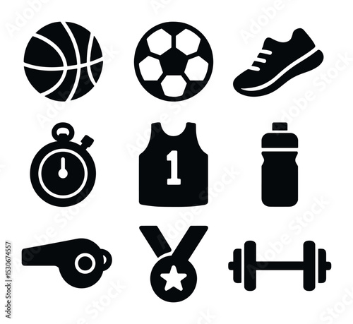 Sports Icons Grid. Solid, filled icons set of sports and fitness bonding: basketball, soccer ball, running