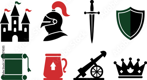 Vector medieval kingdom elements castle knight sword shield crown cannon scroll mug graphic set 100 editable stock vector illustration