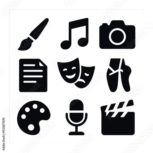 Creative Collaboration Icons. Solid, filled icons set of creative collaboration: paintbrush, musical notes,