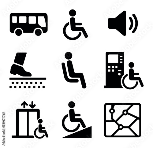 Accessible Transport Icons. Solid, filled icons set of accessible public transportation: low-floor bus,