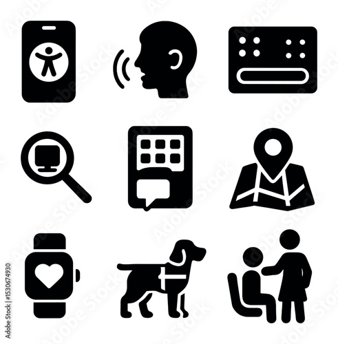Assistive Technology Icons. Solid, filled icons set of assistive technology and services: smartphone