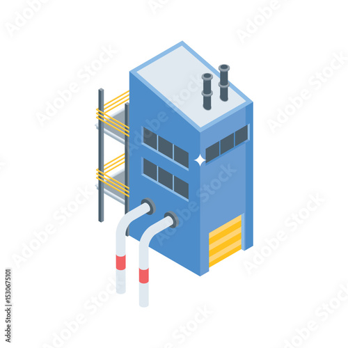 Modern isometric icon showing oil factory in operation