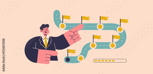 businessman pointing at project roadmap, vector illustration for strategic direction and milestone tracking