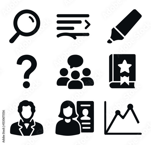 Reading Icons Collection. Solid, filled icons set of reading and analysis: magnifying glass, annotated text,