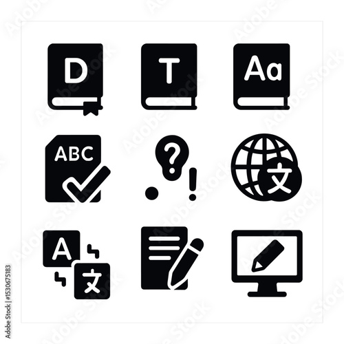 Language Tools Icons. Solid, filled icons set of language and grammar tools: dictionary, thesaurus, grammar