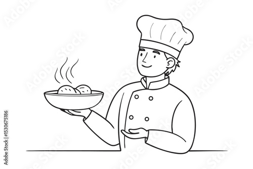 Chef presenting dish single line art isolated on transparent background