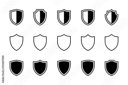 Fifteen shield icons in various styles and fills