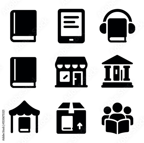 Book Format Icons. Solid, filled icons set of book formats and distribution: hardcover book, e-reader,