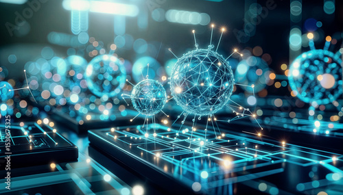 Abstract futuristic visualization of biological and technological integration. Digital network spheres connect to circuit boards, representing synthetic biology, data transfer, or nanotechnology.