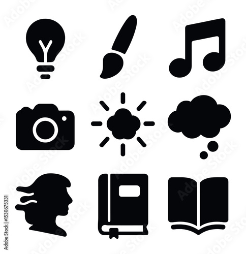 Creative Icons Grid. Solid, filled icons set of inspiration and creativity: light bulb, paintbrush, music note