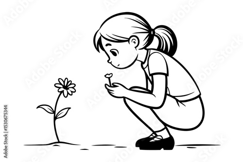 Child smelling flower continuous line art drawing isolated on transparent background