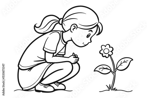 Child smelling flower continuous line art drawing isolated on transparent background