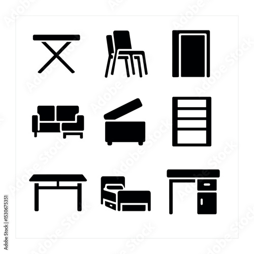 Space-Saving Furniture Icons. Solid, filled icons set of space-saving furniture: foldable tables, nesting