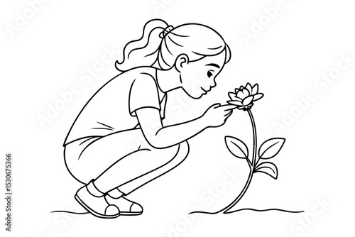 Child smelling flower continuous line art drawing isolated on transparent background