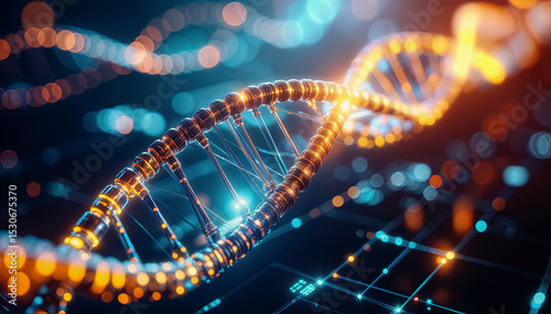 Abstract 3D rendering of a glowing DNA helix representing genetics, biotechnology, data, and scientific research in a futuristic digital environment.