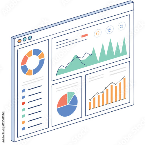 Isometric illustration of a webpage displaying various data charts and graphs