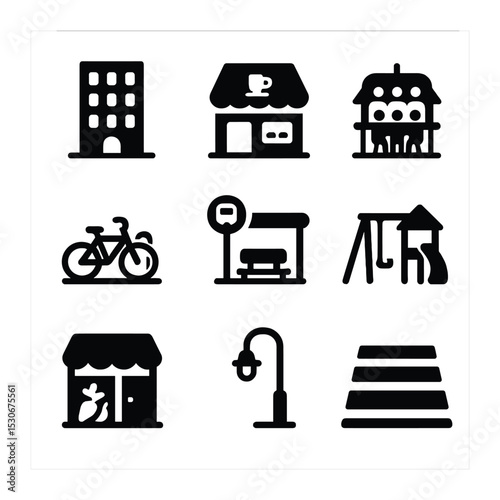 Mixed-Use Neighborhood Icons. Solid, filled icons set of mixed-use neighborhoods: residential building, coffee