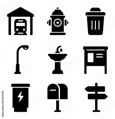 Community Infrastructure Icons. Solid, filled icons set of community infrastructure: transit hub, fire hydrant