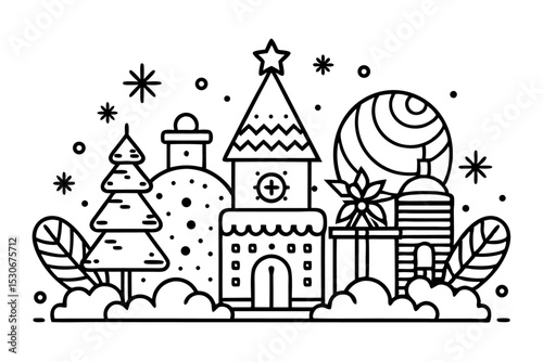 Christmas line art illustration of a festive design element isolated on transparent background