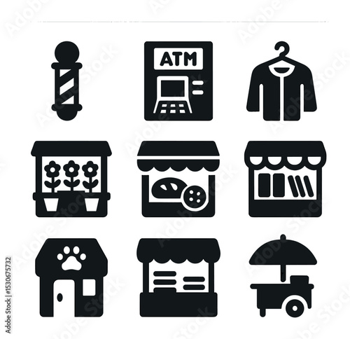 Street-Level Icon Set. Solid, filled icons set of street-level services: barber pole, ATM machine, dry cleaner