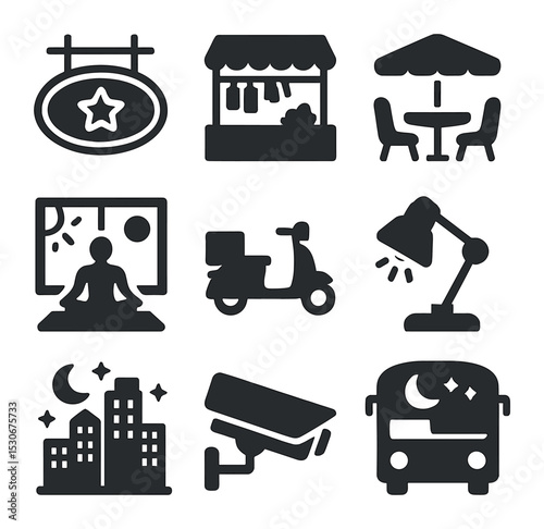 Night and Day Icons. Solid, filled icons set of night-and-day district activity: neon sign, night market, café