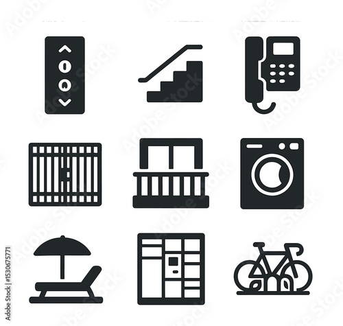 Compact City Living Icons. Solid, filled icons set of compact city living: elevator panel, stairwell, intercom